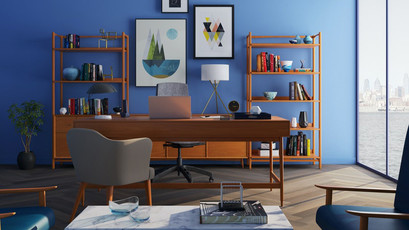 Proyectos brown wooden desk with rolling chair and shelves near window